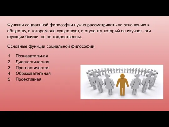 Функции социальной философии нужно рассматривать по отношению к обществу, в котором она