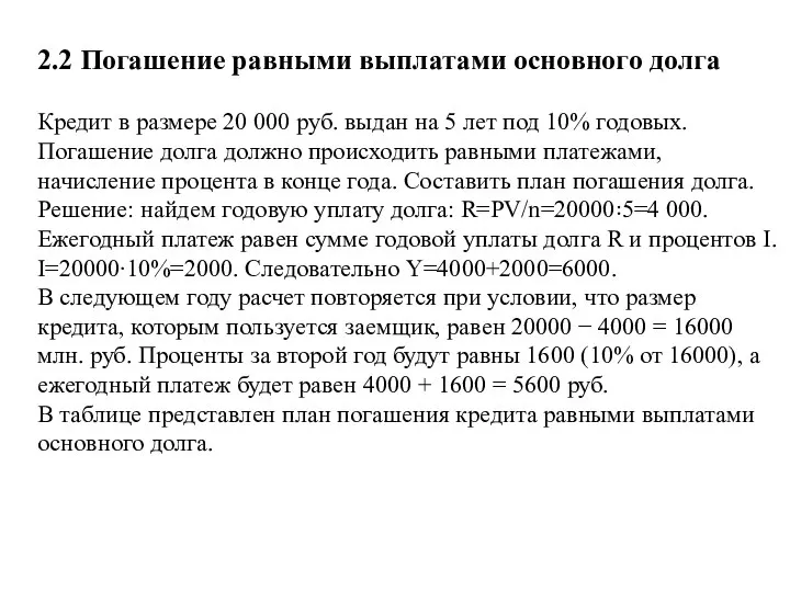 2.2 Погашение равными выплатами основного долга Кредит в размере 20 000 руб.