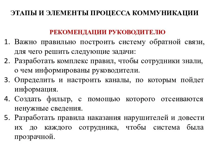 ЭТАПЫ И ЭЛЕМЕНТЫ ПРОЦЕССА КОММУНИКАЦИИ РЕКОМЕНДАЦИИ РУКОВОДИТЕЛЮ Важно правильно построить систему обратной