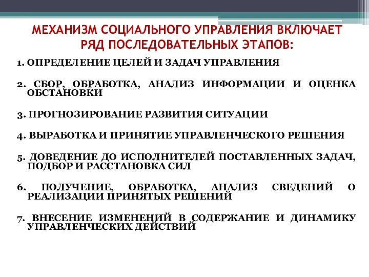 МЕХАНИЗМ СОЦИАЛЬНОГО УПРАВЛЕНИЯ ВКЛЮЧАЕТ РЯД ПОСЛЕДОВАТЕЛЬНЫХ ЭТАПОВ: 1. ОПРЕДЕЛЕНИЕ ЦЕЛЕЙ И ЗАДАЧ