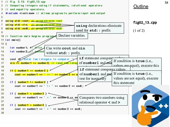 Outline fig02_13.cpp (1 of 2) using declarations eliminate need for std:: prefix