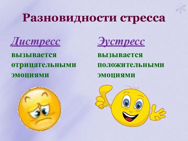 Разновидности стресса Дистресс вызывается отрицательными эмоциями Эустресс вызывается положительными эмоциями