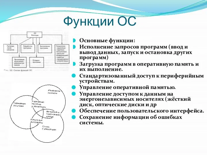 Функции ОС Основные функции: Исполнение запросов программ (ввод и вывод данных, запуск