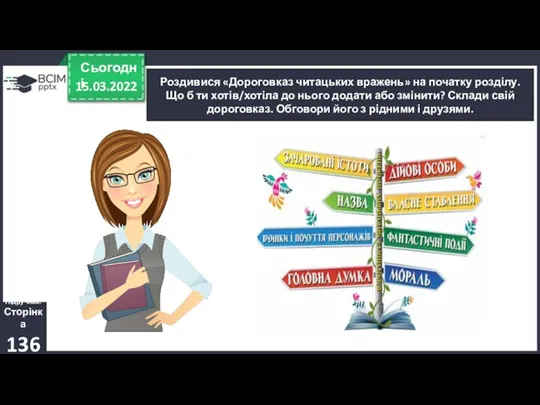 15.03.2022 Сьогодні Роздивися «Дороговказ читацьких вражень» на початку розділу. Що б ти