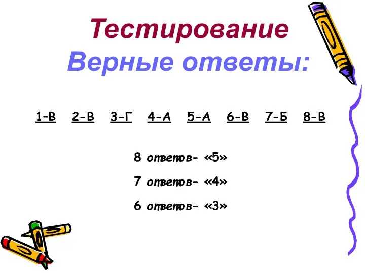 Тестирование Верные ответы: 1–В 2-В 3-Г 4-А 5-А 6-В 7-Б 8-В 8