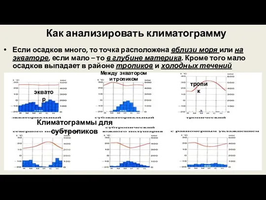 Как анализировать климатограмму Если осадков много, то точка расположена вблизи моря или