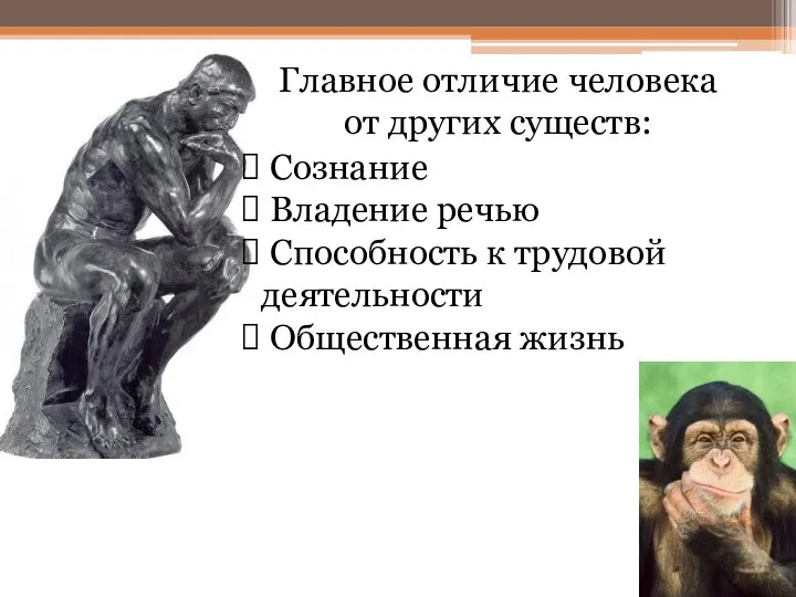 Главное отличие человека от других существ: Сознание Владение речью Способность к трудовой деятельности Общественная жизнь