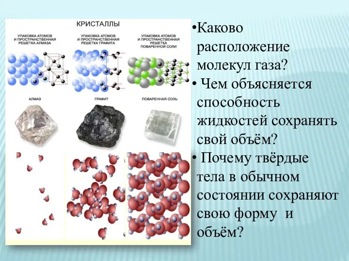 Каково расположение молекул газа? Чем объясняется способность жидкостей сохранять свой объём? Почему