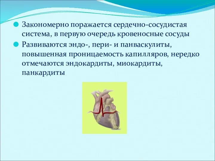 Закономерно поражается сердечно-сосудистая система, в первую очередь кровеносные сосуды Развиваются эндо-, пери-