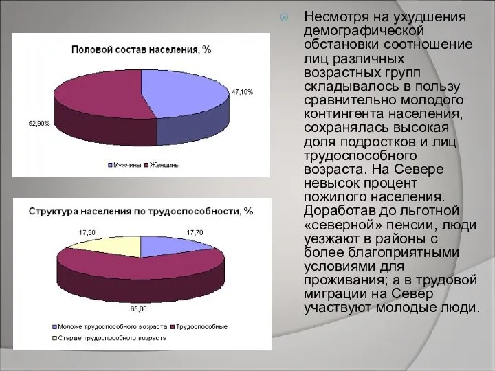 Несмотря на ухудшения демографической обстановки соотношение лиц различных возрастных групп складывалось в