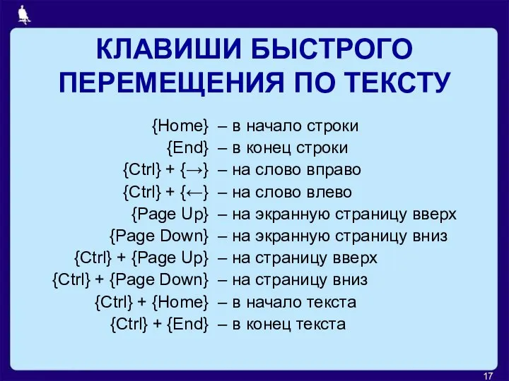 КЛАВИШИ БЫСТРОГО ПЕРЕМЕЩЕНИЯ ПО ТЕКСТУ {Home} {End} {Ctrl} + {→} {Ctrl} +