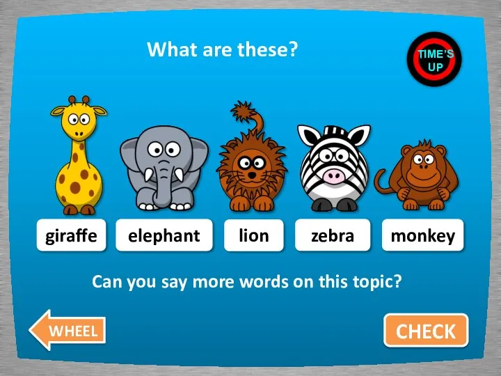 What are these? CHECK giraffe elephant lion zebra monkey TIME’S UP WHEEL