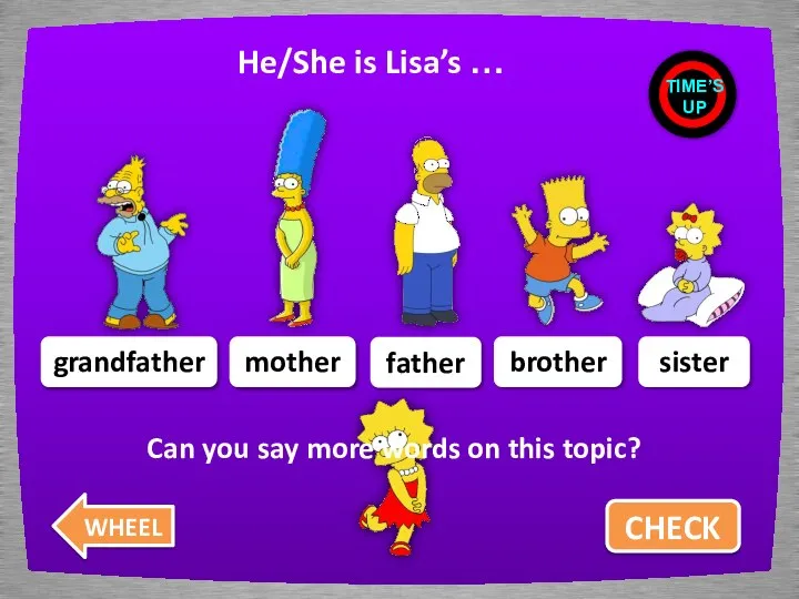 He/She is Lisa’s … CHECK grandfather mother father brother sister TIME’S UP