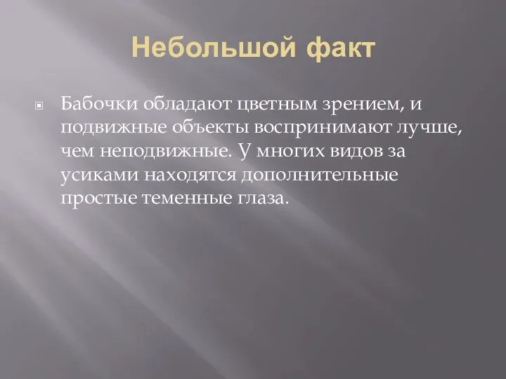 Небольшой факт Бабочки обладают цветным зрением, и подвижные объекты воспринимают лучше, чем