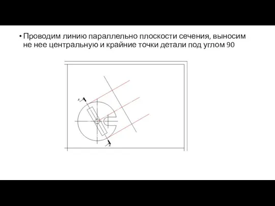 Проводим линию параллельно плоскости сечения, выносим не нее центральную и крайние точки детали под углом 90