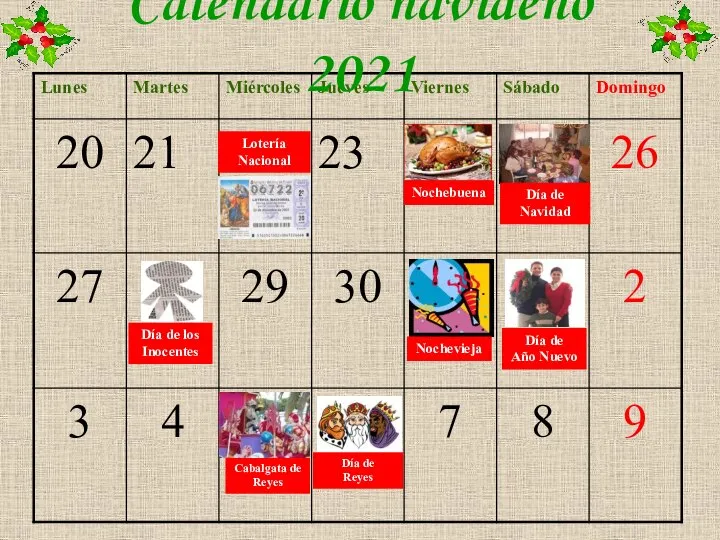 Calendario navideño 2021 Lotería Nacional Nochebuena Día de Navidad Día de los