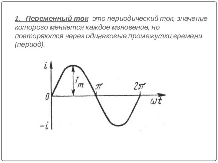 1. Переменный ток- это периодический ток, значение которого меняется каждое мгновение, но