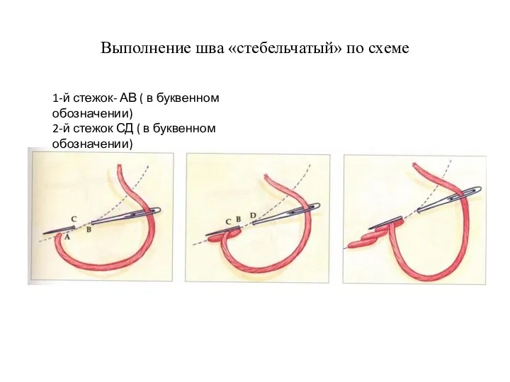 Выполнение шва «стебельчатый» по схеме 1-й стежок- АВ ( в буквенном обозначении)