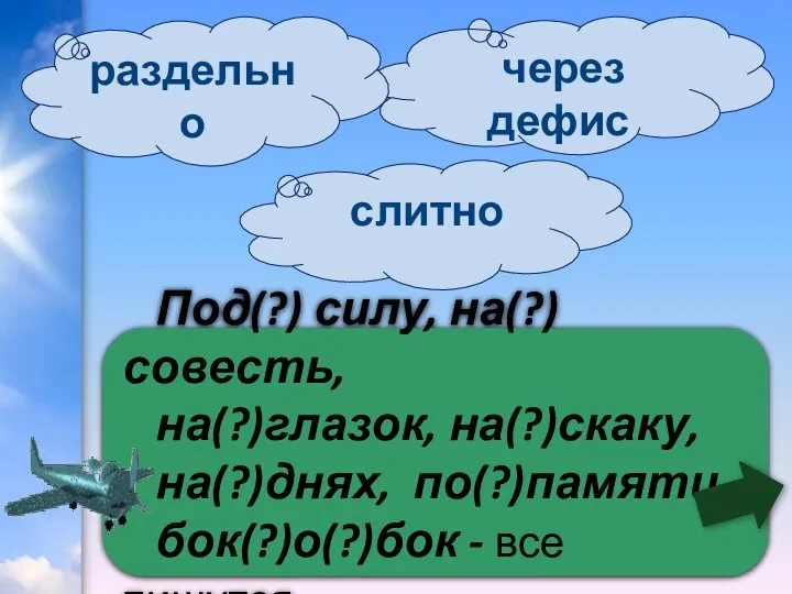 Под(?) силу, на(?)совесть, на(?)глазок, на(?)скаку, на(?)днях, по(?)памяти, бок(?)о(?)бок - все пишутся… через дефис раздельно слитно