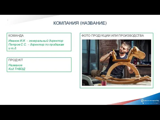 КОМПАНИЯ (НАЗВАНИЕ) ПРОДУКТ Название Код ТНВЭД КОМАНДА Иванов И.И. – генеральный директор