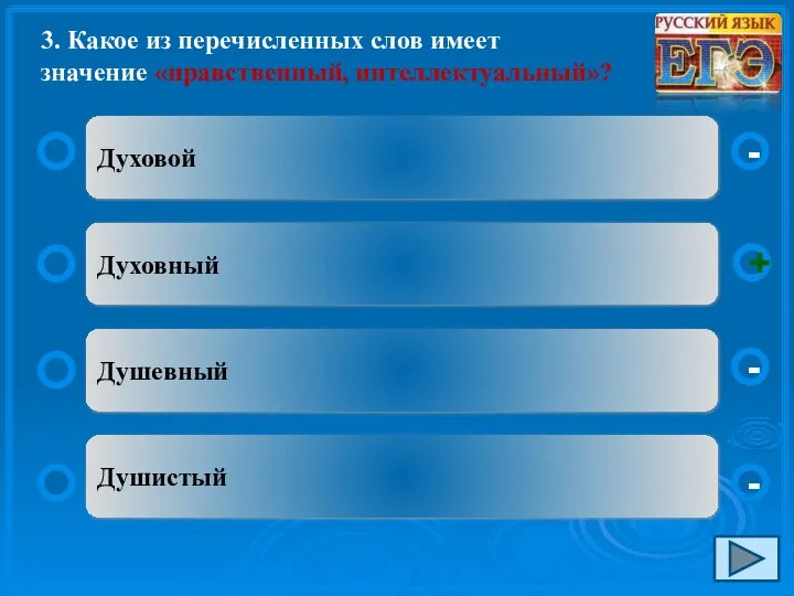 3. Какое из перечисленных слов имеет значение «нравственный, интеллектуальный»? Духовой Духовный Душевный