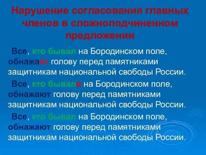 Нарушение согласования главных членов в сложноподчиненном предложении Все, кто бывал на Бородинском