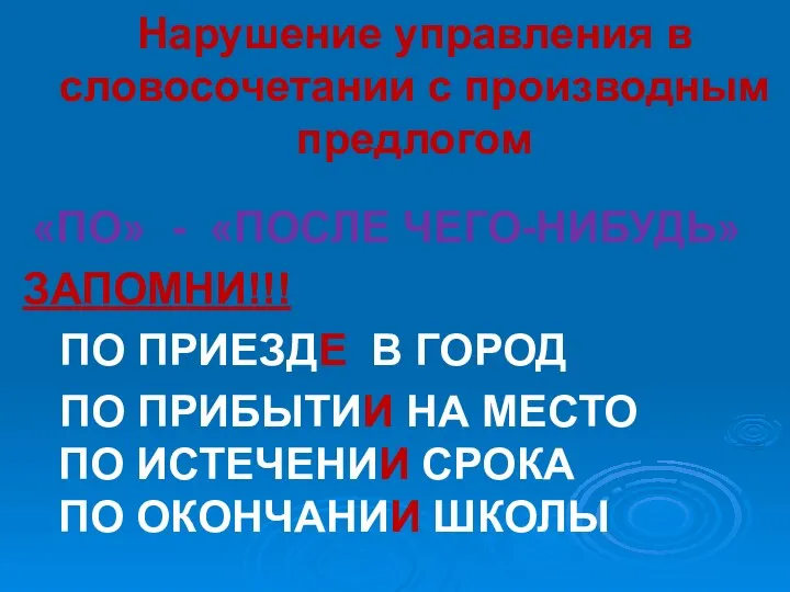 Нарушение управления в словосочетании с производным предлогом «ПО» - «ПОСЛЕ ЧЕГО-НИБУДЬ» ЗАПОМНИ!!!