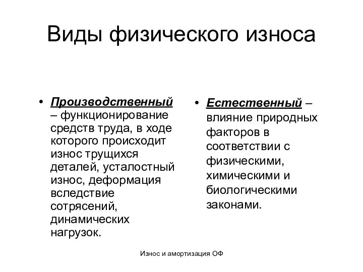 Износ и амортизация ОФ Виды физического износа Производственный – функционирование средств труда,