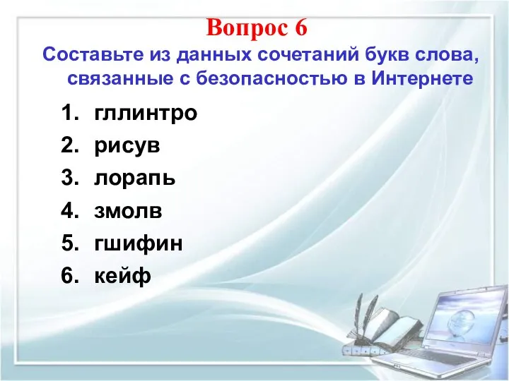 Составьте из данных сочетаний букв слова, связанные с безопасностью в Интернете Вопрос