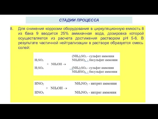 СТАДИИ ПРОЦЕССА Для снижения коррозии оборудования в циркуляционную емкость 8 из бака