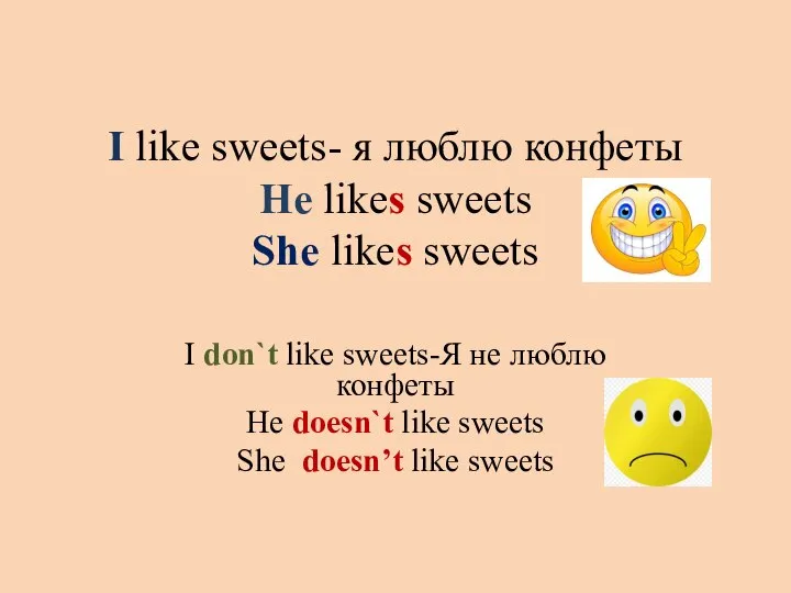 I like sweets- я люблю конфеты He likes sweets She likes sweets