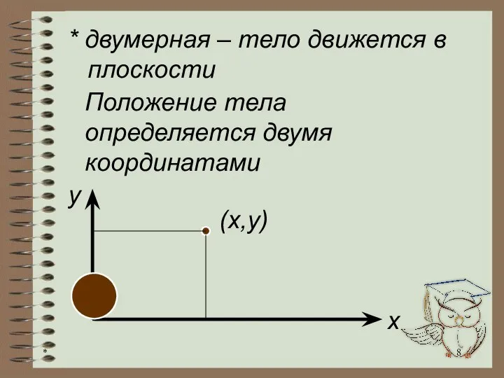 * двумерная – тело движется в плоскости Положение тела определяется двумя координатами y x (x,y) *