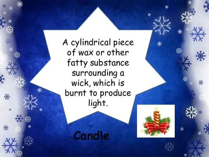 A cylindrical piece of wax or other fatty substance surrounding a wick,