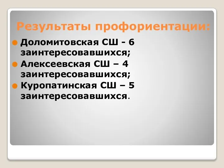 Результаты профориентации: Доломитовская СШ - 6 заинтересовавшихся; Алексеевская СШ – 4 заинтересовавшихся;