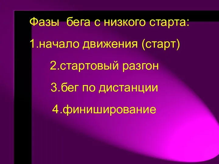 Фазы бега с низкого старта: начало движения (старт) стартовый разгон бег по дистанции финиширование