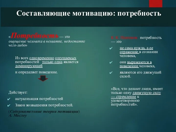 Составляющие мотивацию: потребность «Потребность — это ощущение человека в нехватке, недостатке чего-либо»