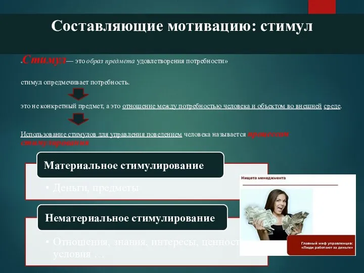 Составляющие мотивацию: стимул «Стимул— это образ предмета удовлетворения потребности» стимул опредмечивает потребность.