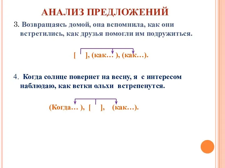 АНАЛИЗ ПРЕДЛОЖЕНИЙ 3. Возвращаясь домой, она вспомнила, как они встретились, как друзья