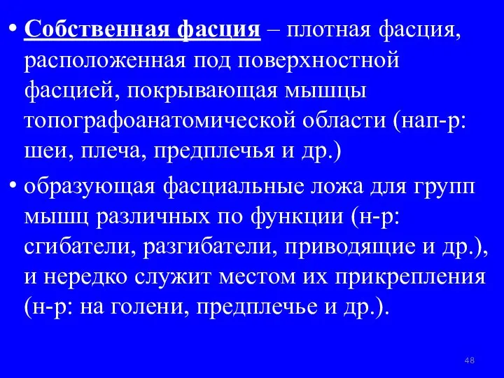 Собственная фасция – плотная фасция, расположенная под поверхностной фасцией, покрывающая мышцы топографоанатомической