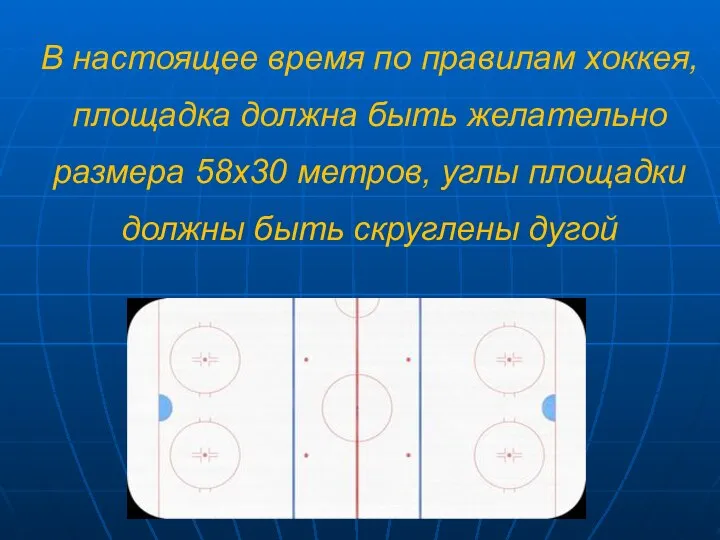 В настоящее время по правилам хоккея, площадка должна быть желательно размера 58х30