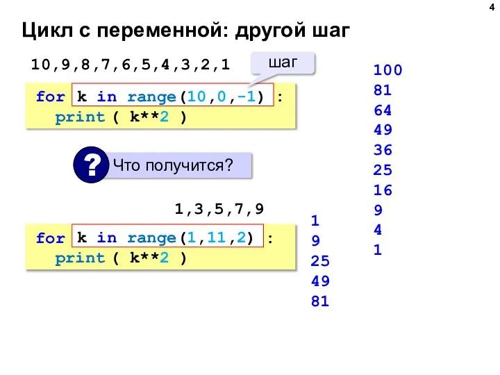 Цикл с переменной: другой шаг 100 81 64 49 36 25 16