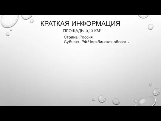 КРАТКАЯ ИНФОРМАЦИЯ ПЛОЩАДЬ: 0,13 КМ² Страна: Россия Субъект: РФ Челябинская область