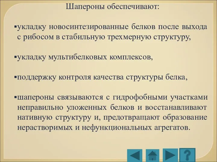 Шапероны обеспечивают: укладку новосинтезированные белков после выхода с рибосом в стабильную трехмерную