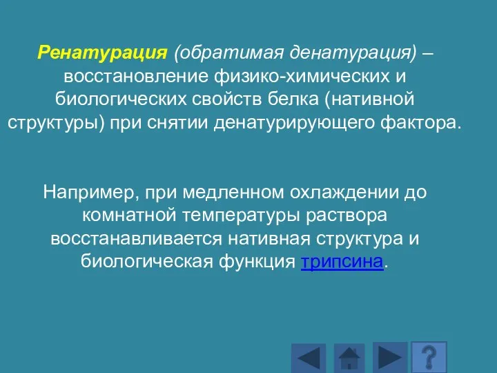 Ренатурация (обратимая денатурация) – восстановление физико-химических и биологических свойств белка (нативной структуры)