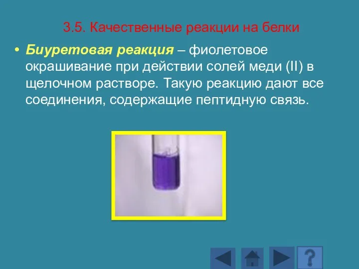 3.5. Качественные реакции на белки Биуретовая реакция – фиолетовое окрашивание при действии