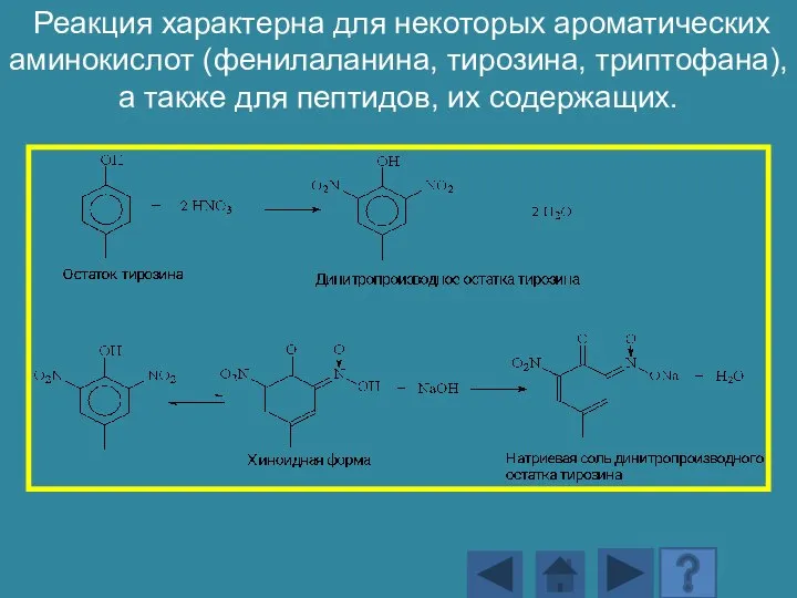 Реакция характерна для некоторых ароматических аминокислот (фенилаланина, тирозина, триптофана), а также для пептидов, их содержащих.