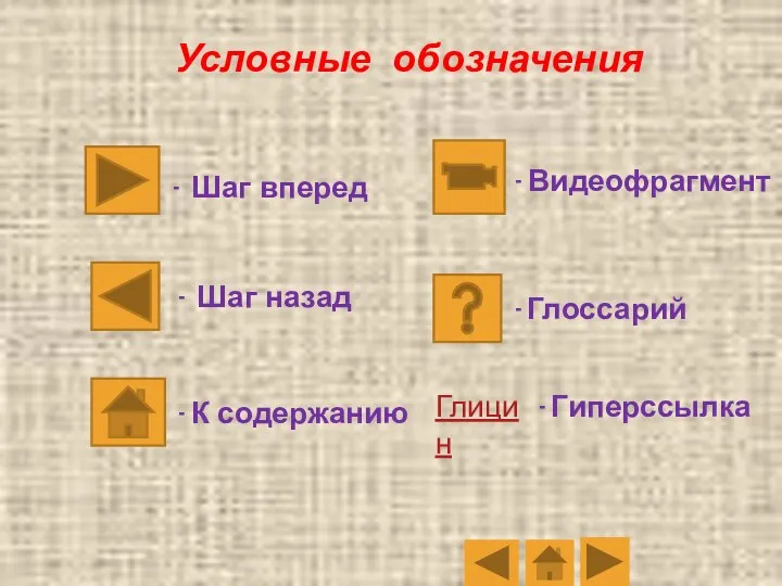 Условные обозначения Глицин Гиперссылка Глоссарий Шаг назад Шаг вперед К содержанию Видеофрагмент