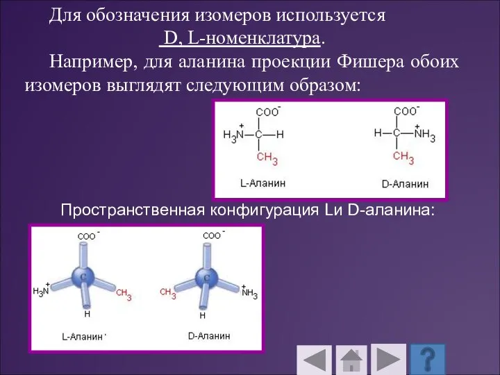 Для обозначения изомеров используется D, L-номенклатура. Например, для аланина проекции Фишера обоих