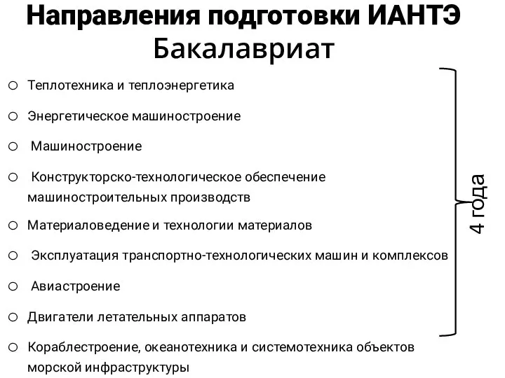 Направления подготовки ИАНТЭ Бакалавриат 4 года