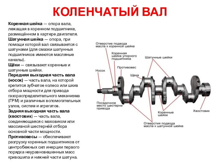 КОЛЕНЧАТЫЙ ВАЛ Коренная шейка — опора вала, лежащая в коренном подшипнике, размещённом